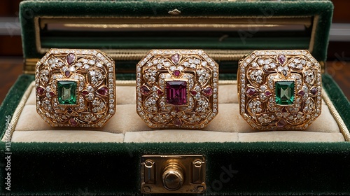 Three exquisite gemstone rings, each a masterpiece of intricate goldwork and vibrant emeralds and rubies, nestled within a luxurious velvetlined jewelry box. photo