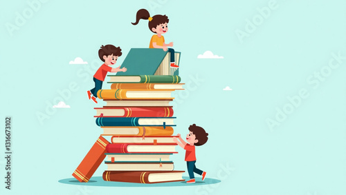 Playful Children Scale a Towering Stack of Books, Embracing Education and Knowledge, Exploring Imagination and Growth, A Vibrant Vector Graphic for Educational Resources and Creative Projects