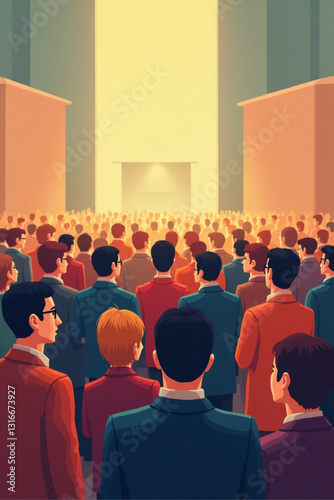 Diverse Group Gathering, Public Discussion, Expressing Ideas, Sharing Opinions, Community Forum, Citizen Engagement, Democracy in Action, Vector Illustration, Meeting Scene