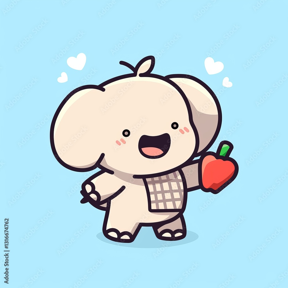Cute Elephant with Apple, Light Blue Cute Elephant with Apple, Light Blue