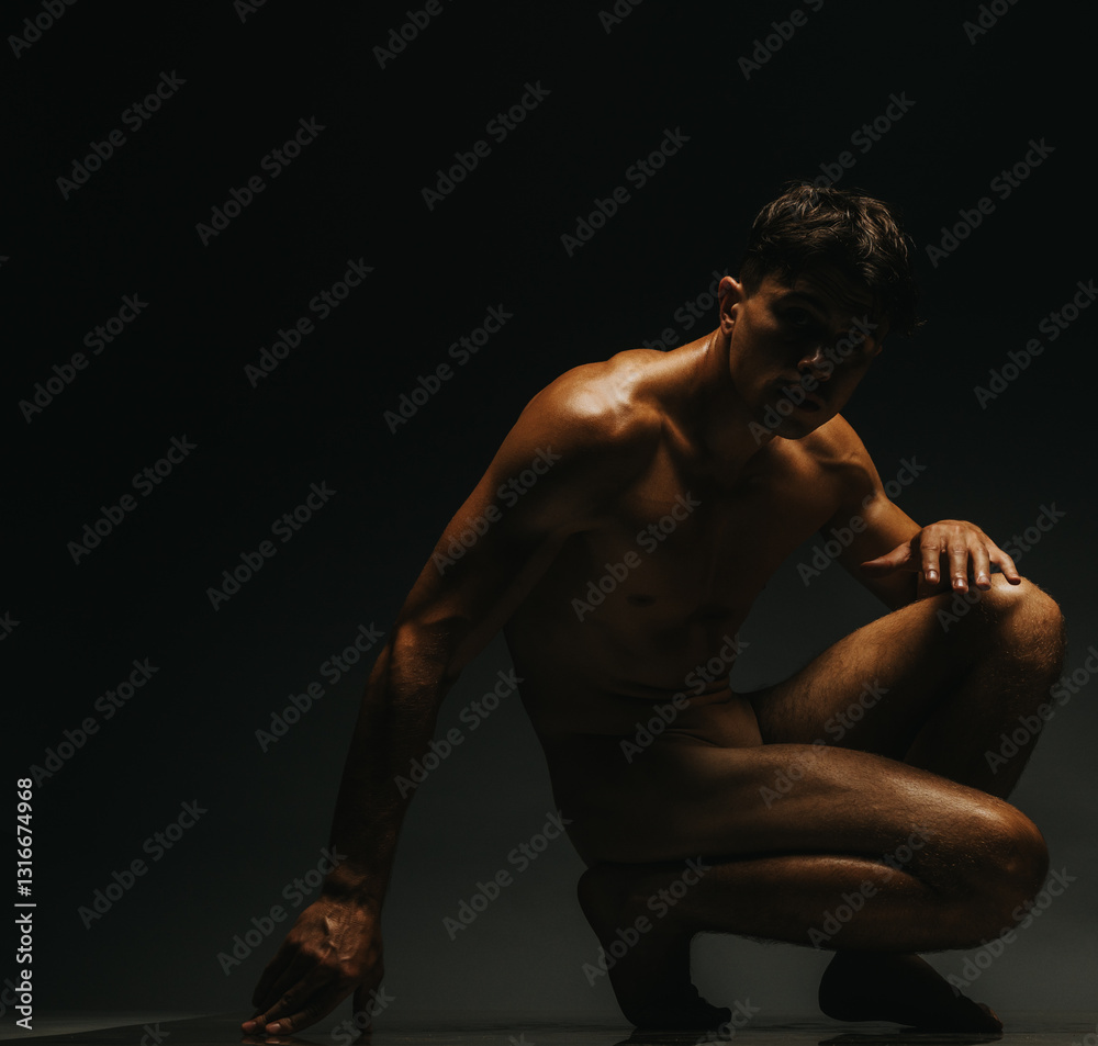 Naklejka premium A solitary male figure in a moody studio setting, emphasizing form and contrast under low-key lighting, showcasing artistic composition and dynamic poses.