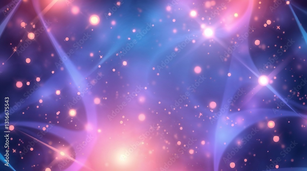 Obraz premium Bright abstract background in blue and pink, featuring glowing balls and light stripes, suitable for digital wallpaper, graphic design element or creative project backdrop.