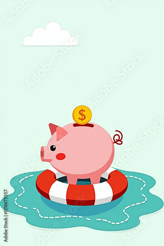 Financial Safety Net Protection Piggy Bank on Lifebuoy, Insurance Savings, Investment Security, Financial Stability, Secure Future Planning, Risk Management, Asset Protection Concept