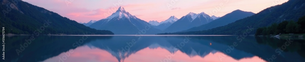 Fototapeta premium Serene mountain peaks reflected in mirror lake's calm surface at dusk, peaceful, lake, serene
