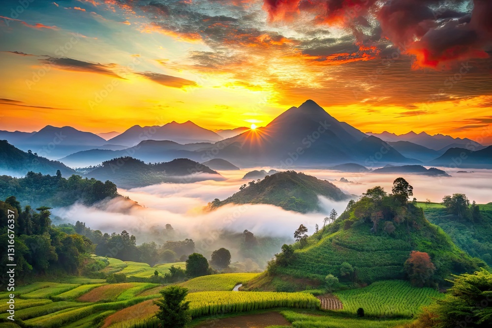 Fototapeta premium Serene Asian mountains bathed in sunrise, vibrant colors paint a misty valley; breathtaking scene.