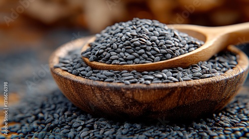 Dark sesame seeds in wooden bowl and spoon photo