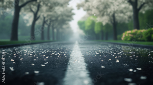 A tranquil, misty road lined with blossoming trees, reflecting soft pastel petals in a peaceful spring atmosphere.