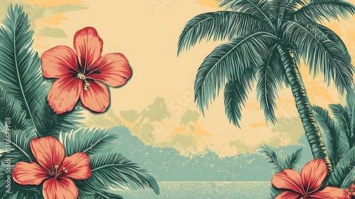 Tropical palm tree and flowers in a retro-inspired vector style