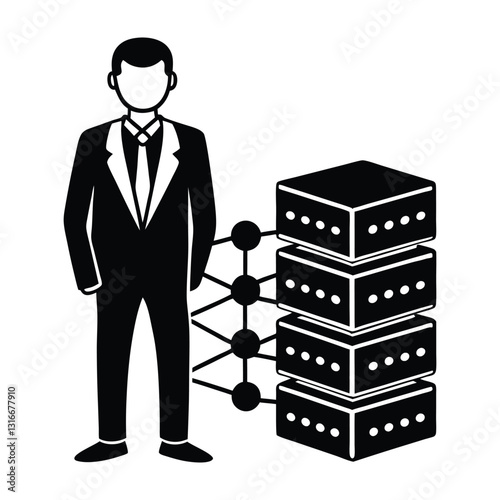 A person in a suit standing next to a stack of servers with a network connection shown. Digital networks Graphic resource for design
