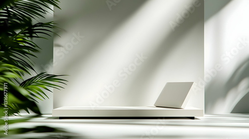 A minimalistic podium with plants and sunlight shadows showing a stage