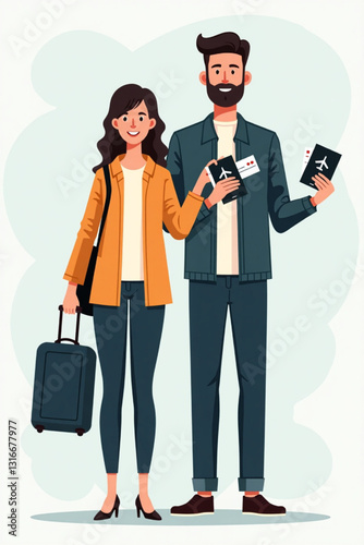 Excited Couple with Passports and Boarding Passes Ready for Vacation Travel Happy Man and Woman Holding Tickets Smiling For Holiday Trip Adventure Planning