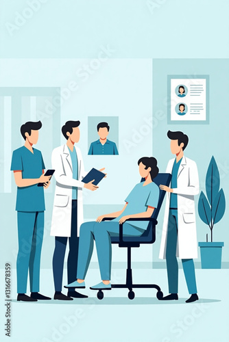 Caring Medical Professionals Teamwork, Hospital Scene, Mobile App Consultation, Virtual Doctor Visit, Telemedicine, Patient Support, Modern Healthcare, Technology Integration, Vector Illustration