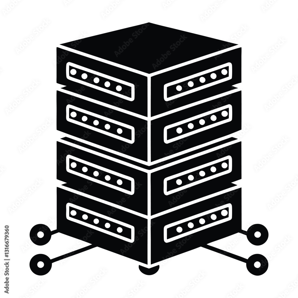 A black server tower with multiple levels and wheels in a simple vector graphic style. Digital networks Graphic resource for design A black server tower with multiple levels and wheels in a simple vector graphic style. Digital networks Graphic resource for design
