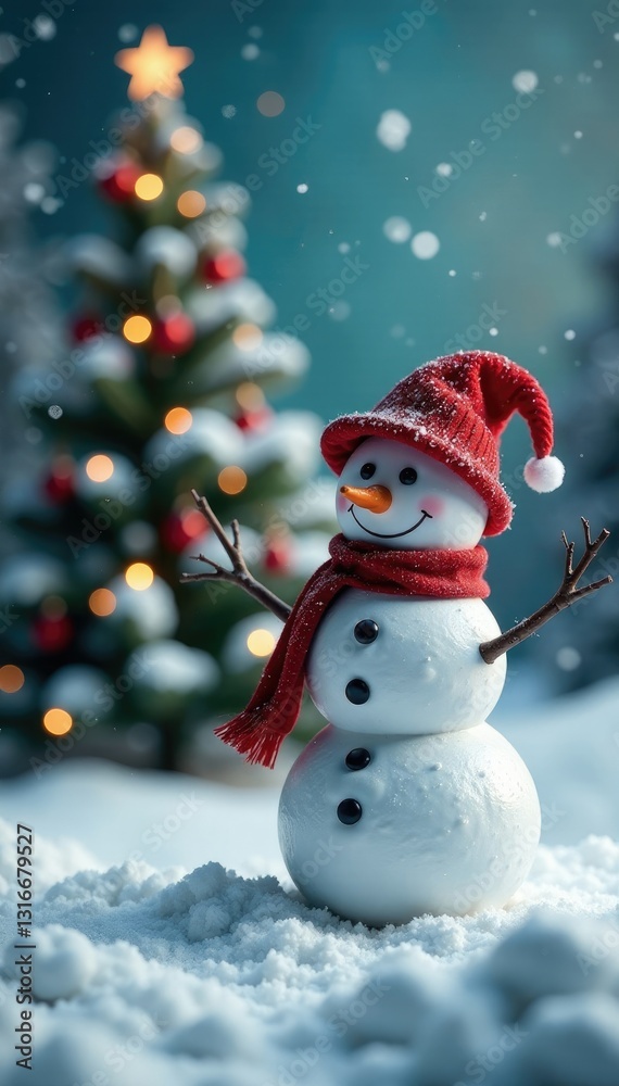 Snowman with Christmas tree in the background, snowy landscape, festive decor, snowflakes Snowman with Christmas tree in the background, snowy landscape, festive decor, snowflakes