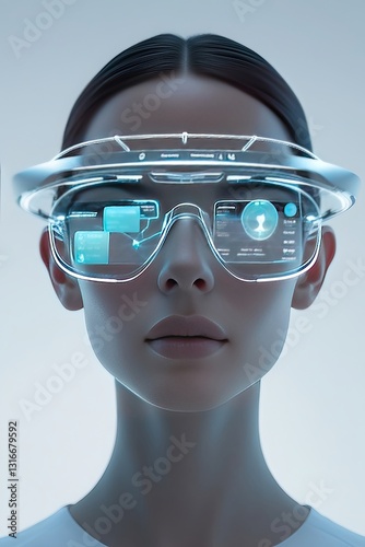 Futuristic AR Glasses with Holographic UI on White Background
