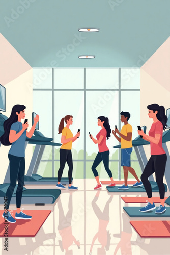 Diverse people exercising at modern wellness center, gym fitness training, yoga stretching, weightlifting cardio, health and active lifestyle vector scene, healthy community participation