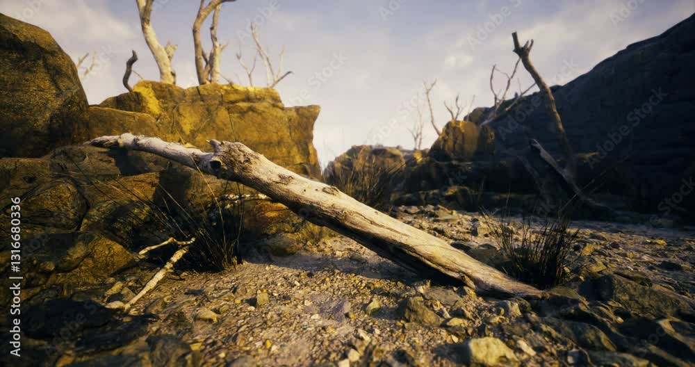 A barren landscape showcases a piece of driftwood resting on stony ground. The surroundings include dry, weathered rocks and sparse vegetation, capturing an arid atmosphere. A barren landscape showcases a piece of driftwood resting on stony ground. The surroundings include dry, weathered rocks and sparse vegetation, capturing an arid atmosphere.