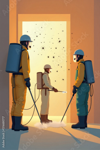 Professional Pest Control Team Exterminating Insect Infestation Spraying Pesticide Inside Building Interior Structural Fumigation Services Detailed Vector Illustration