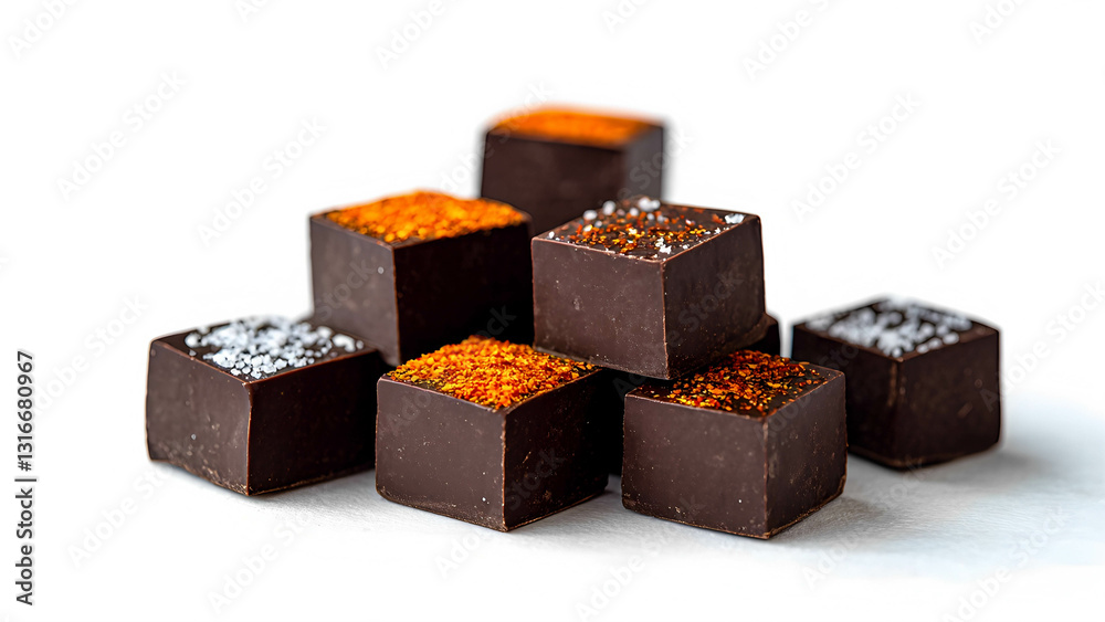 A set of artisanal chocolate squares with unique flavors—sea salt, chili, and orange zest—each with a different surface texture A set of artisanal chocolate squares with unique flavors—sea salt, chili, and orange zest—each with a different surface texture
