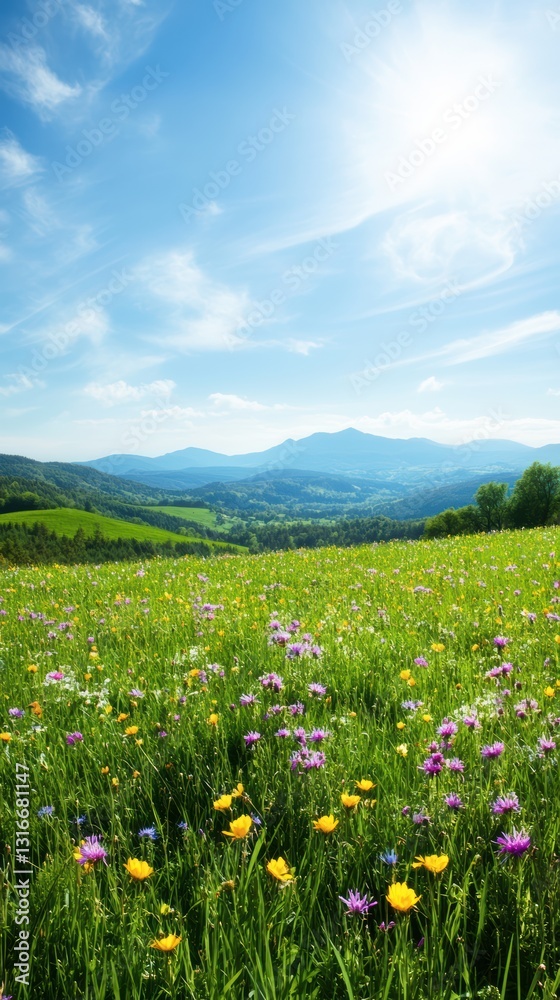 Fototapeta premium Green Beauty In White Cloud Sky Scenic Range Meadow With Natural Backgrounds For Stunning Landscape Photography Designs