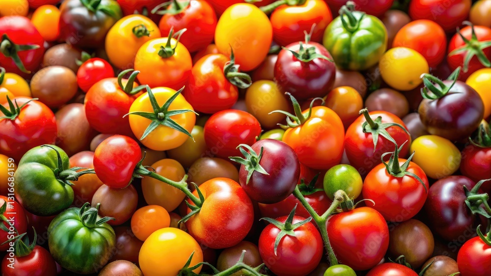 Vibrant cherry tomatoes burst with color, a high-angle view showcasing fresh, colorful produce. Vibrant cherry tomatoes burst with color, a high-angle view showcasing fresh, colorful produce.