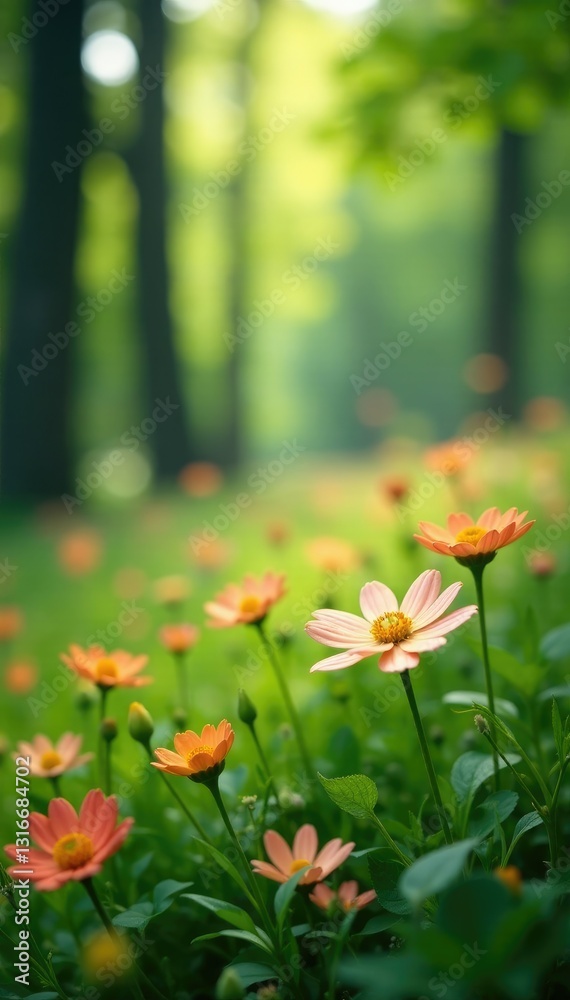 Fototapeta premium Softly lit blooming flowers in a lush green meadow amidst tall trees, green, blossoms