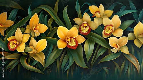 Wallpaper Mural Luminous Yellow Orchids: A Botanical Digital Painting AI Generated Torontodigital.ca