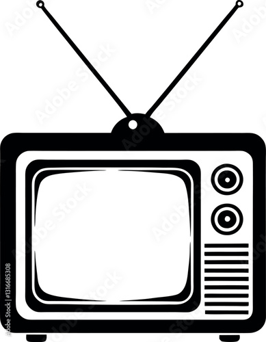 Retro TV with antenna vector silhouette line art 
