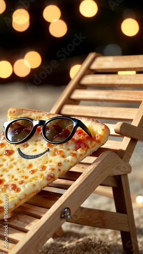 A playful slice of pizza wearing sunglasses lounging on a wooden deck chair with festive lights