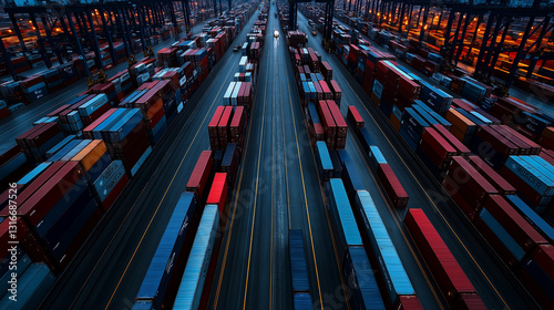 A massive cargo port under tension, with two opposing national flags painted on shipping containers, symbolizing an escalating trade war. photo