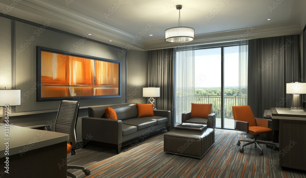 Fototapeta premium Modern hotel suite with city view, comfy seating, and work area.