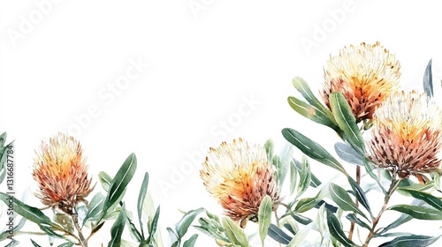 Watercolor Australian Banksia Floral on White Background: A Vibrant and Artistic Depiction of Native Australian Flora, Perfect for Design Projects and Decorative Art.