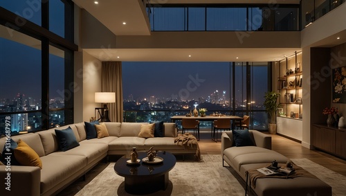 Urban Serenity Modern Family Embraces Vertical Living in Luxe High-Rise Apartment Overlooking Cityscape (