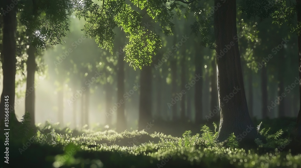 Obraz premium Sunlight filters through tall trees in a serene forest, evoking tranquility and natural harmony