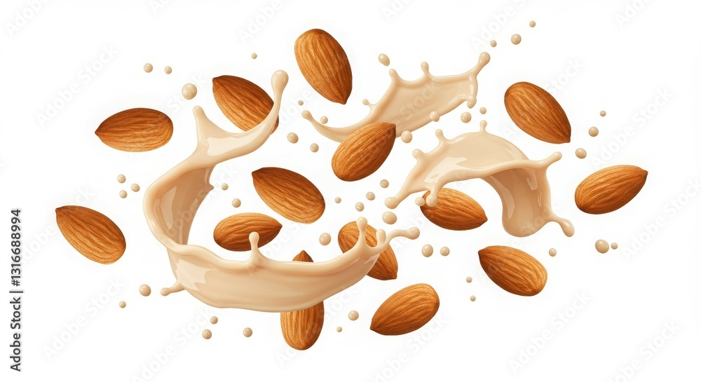 Obraz premium Almonds and almond milk splash creatively arranged on a white background.