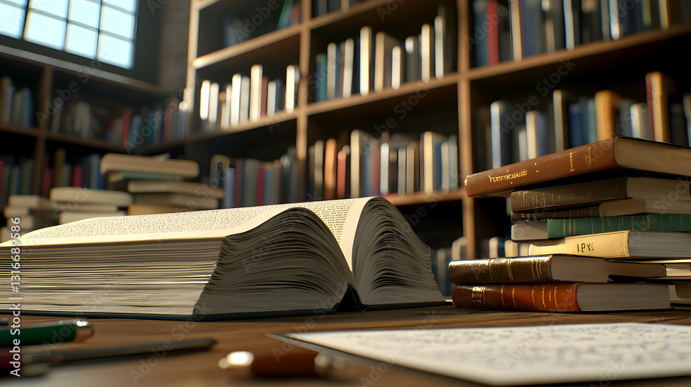 Fototapeta premium Open Book on Desk Surrounded by Stacked Books in Library Setting