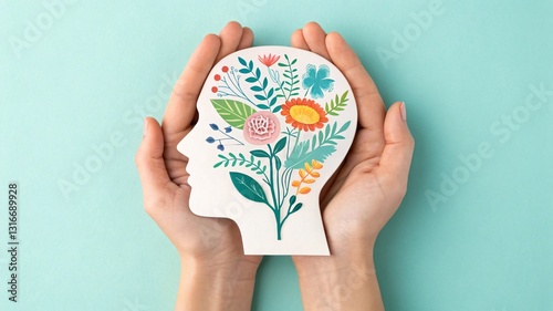 Mental Health and Mindfulness Concept with Floral Human Head
