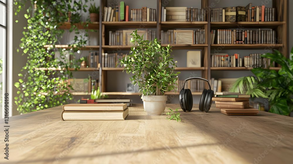Cozy Reading Nook with Green Plant and Books in Home Library Cozy Reading Nook with Green Plant and Books in Home Library