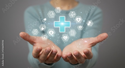 Hands holding digital health icons with a glowing medical cross.