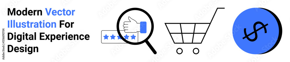 Magnifying glass on thumbs-up with stars, shopping cart, and dollar sign in blue circle. Ideal for digital design, e-commerce, finance, customer feedback, user interface, web apps flat landing page Magnifying glass on thumbs-up with stars, shopping cart, and dollar sign in blue circle. Ideal for digital design, e-commerce, finance, customer feedback, user interface, web apps flat landing page
