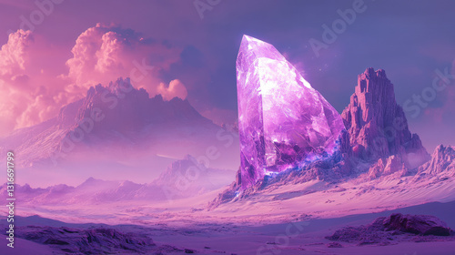 Otherworldly purple desert, giant crystal emerging from sands, soft low-contrast style