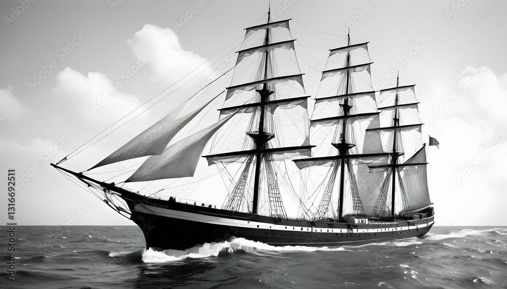 Fototapeta premium Majestic sailing ship in black and white on calm ocean water