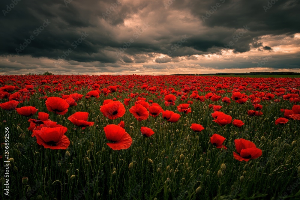 Obraz premium A field of poppies under a cloudy sky, contemplation.