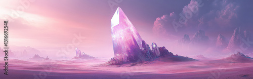 Otherworldly purple desert, giant crystal emerging from sands, soft low-contrast style