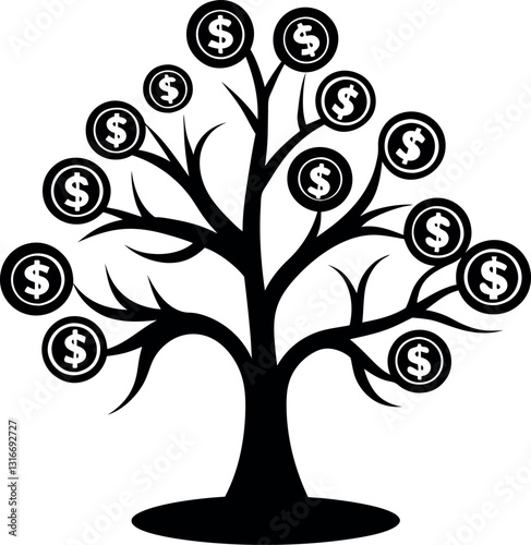 Money tree with coins vector silhouette line art 