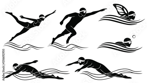 Set of Swimming Silhouettes Illustrating Different Swimming Strokes – Freestyle, Butterfly, Backstroke, and Breaststroke – Black and White Vector Icons
