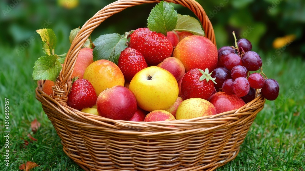 Harvesting fresh fruits in a rustic basket green lawn setting