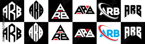 ARB letter logo design in six style. ARB polygon, circle, triangle, hexagon, flat and simple style with black and white color variation letter logo set in one artboard. ARB minimalist and classic logo