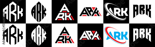 ARK letter logo design in six style. ARK polygon, circle, triangle, hexagon, flat and simple style with black and white color variation letter logo set in one artboard. ARK minimalist and classic logo