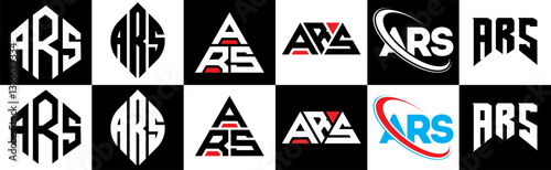 ARS letter logo design in six style. ARS polygon, circle, triangle, hexagon, flat and simple style with black and white color variation letter logo set in one artboard. ARS minimalist and classic logo